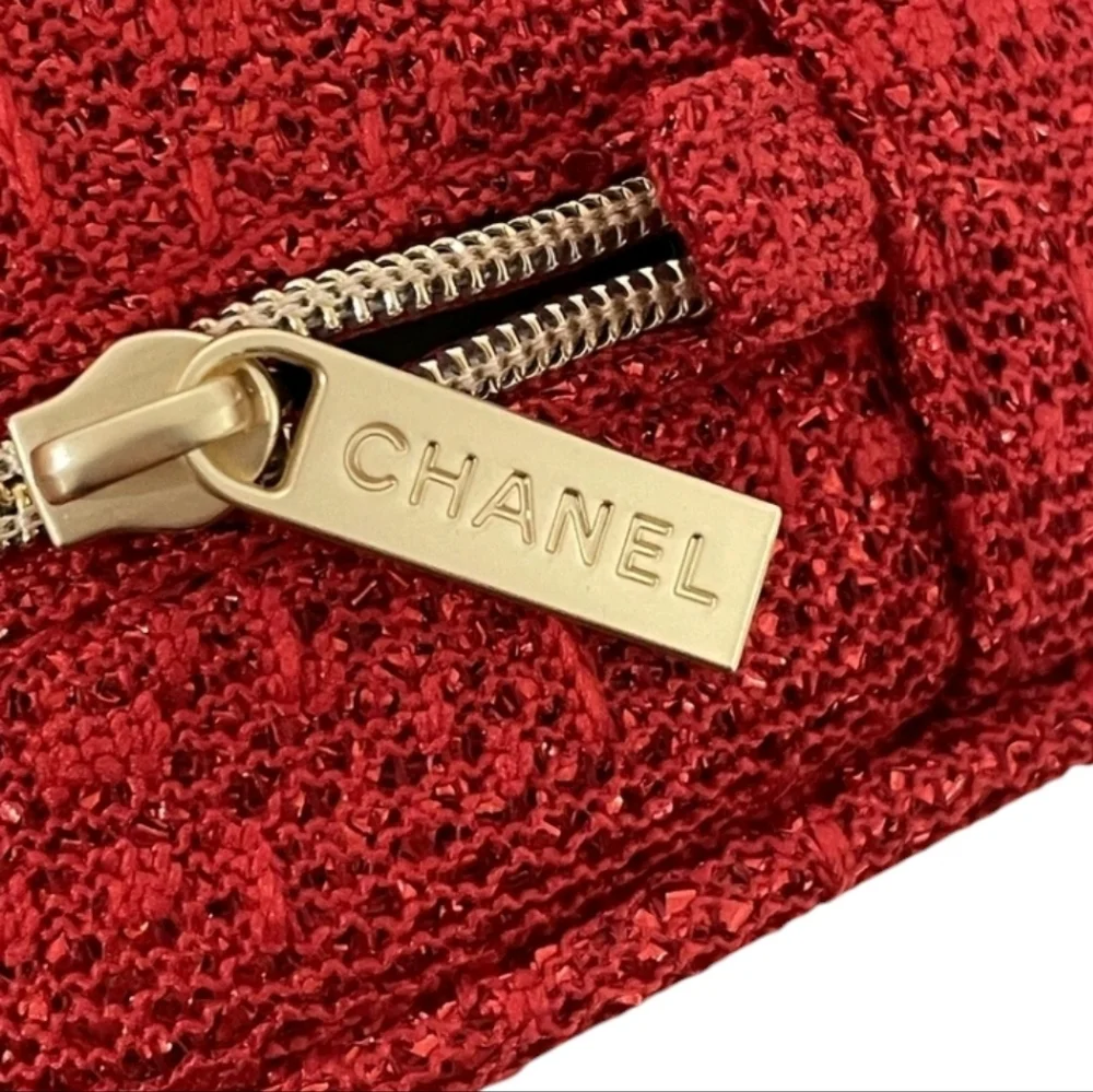 CHANEL Red Tweed Textured Pouch with Gold Accents